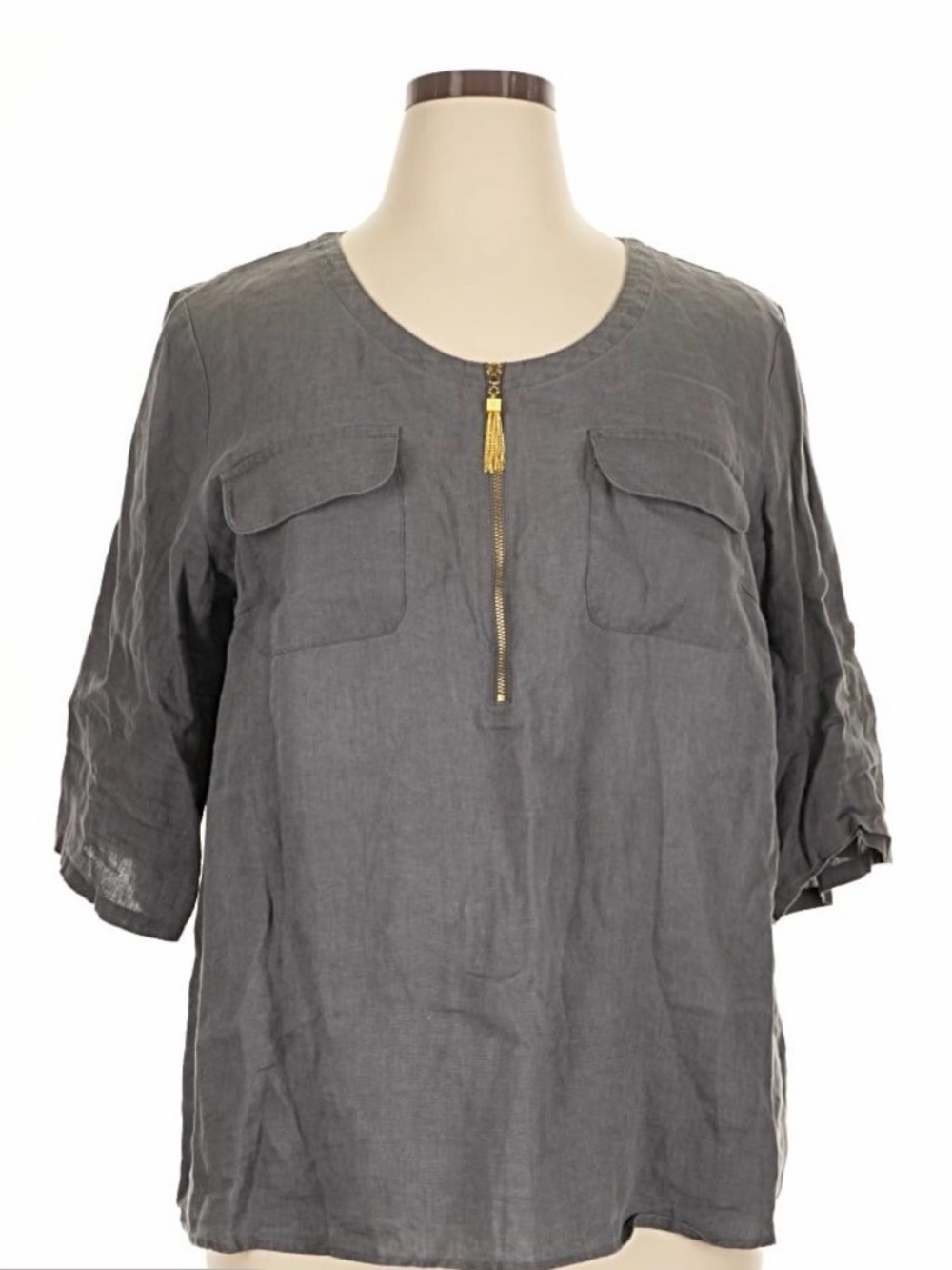 Ellen Tracy Gray Linen Half-Zip Pocket Blouse with Gold‎ Tassel